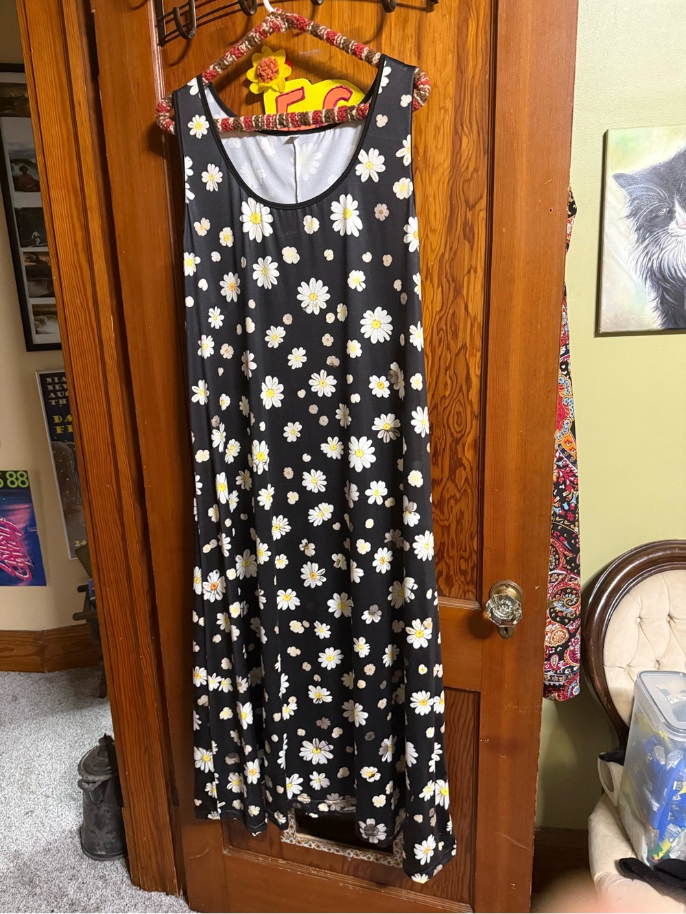 Black Daisy Print Sleeveless Swing Dress